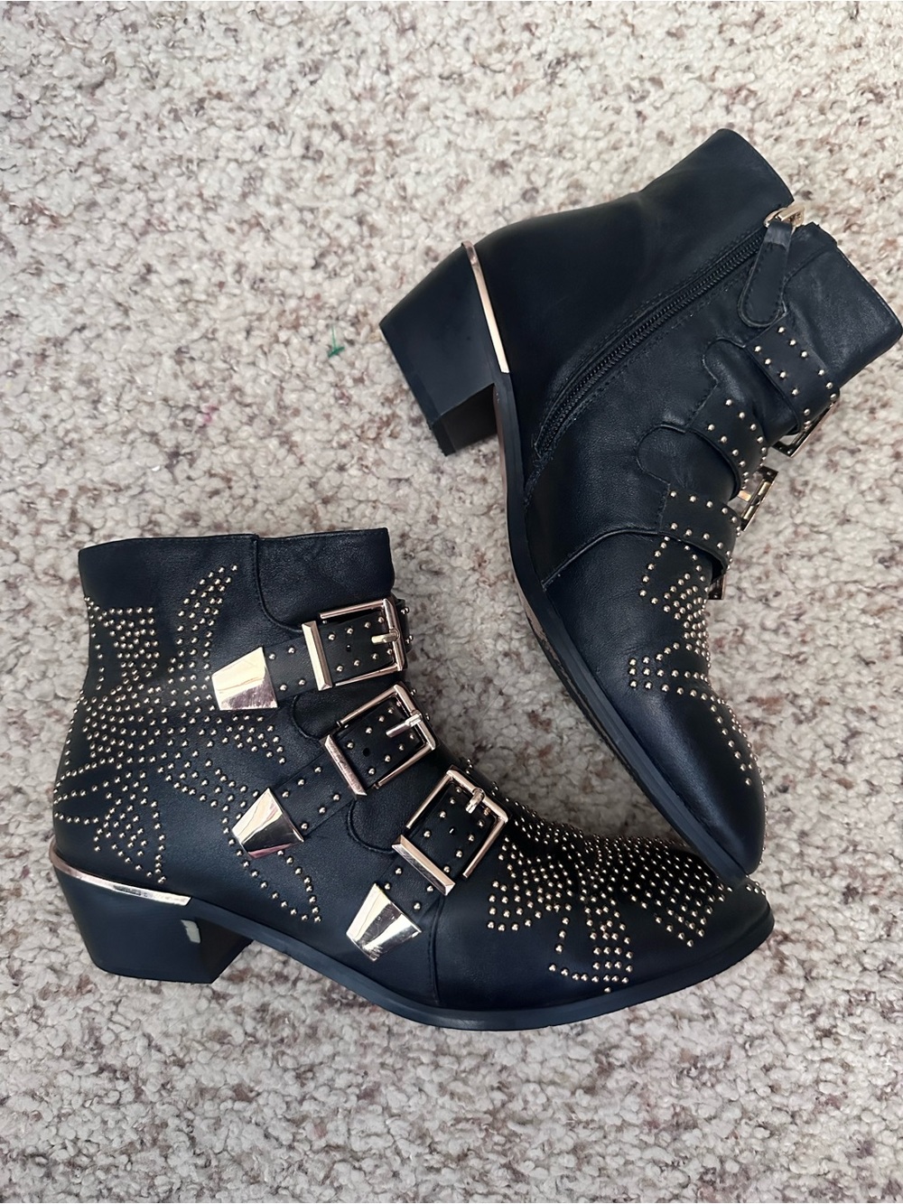 Black Studded Triple-Buckle Ankle Boots - Picture 3 of 8